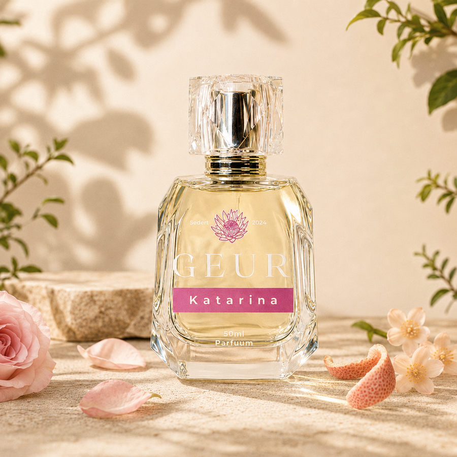 Katarina — GEUR-damesparfuum in ’n warm botaniese stillewe